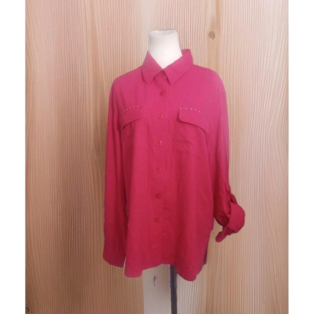 Drapers & Damon's women's L Pink Roll Tab sleeve button Blouse shirt Silk Barbie